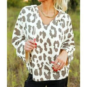 POL Leopard Print Hooded Sweater Neutral Tan Brown Lightweight Knit Small